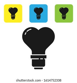 Black Heart shape in a light bulb icon isolated on white background. Love symbol. Valentine day symbol. Set icons colorful square buttons. Vector Illustration