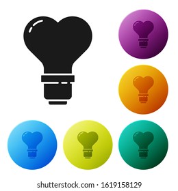 Black Heart shape in a light bulb icon isolated on white background. Love symbol. Valentine day symbol. Set icons colorful circle buttons. Vector Illustration