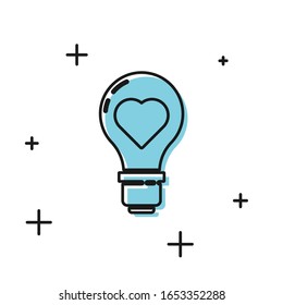 Black Heart shape in a light bulb icon isolated on white background. Love symbol. Valentine day symbol.  Vector Illustration
