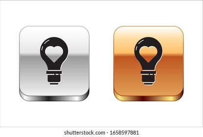 Black Heart shape in a light bulb icon isolated on white background. Love symbol. Valentine day symbol. Silver-gold square button. Vector Illustration