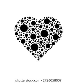 Forma de coração preto feito de pontos circulares, design abstrato mínimo isolado no fundo branco, adequado para o amor, romance, namorados, casamento, branding, logotipo e uso de design gráfico.