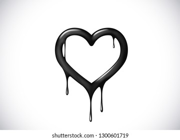 Black heart shape melting with drops. Black blood poison heart symbol for logo, branding.