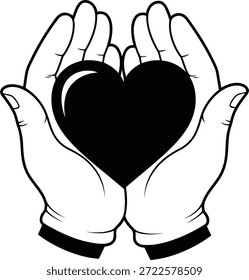 Black heart shape nestled in two cupped hands with bold black outlines against a white background.