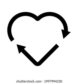 Icono de reciclaje de forma de corazón negro. Reutilizar, renovar, reciclar materiales, concepto. El concepto ecológico. 