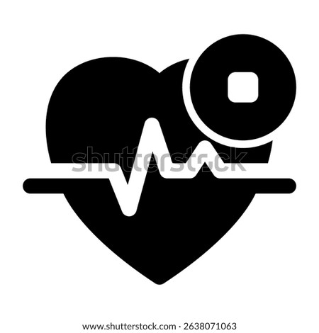 Black heart shape with a rhythm line and circle square icon, isolated on white, symbolizes health monitoring and design usage.