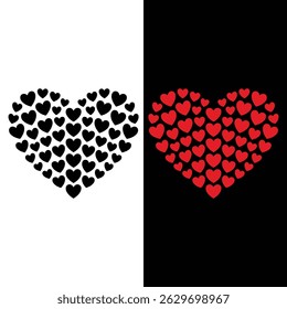 Forma de corazón negro, silueta de múltiples corazones rojos de diferentes tamaños, Vector de símbolos de amor y romance, ilustración del día de San Valentín
