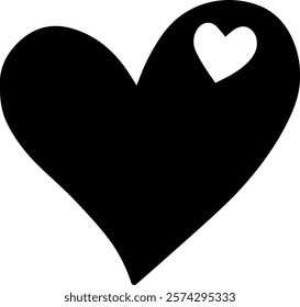 Black heart shape with smaller white heart shape inside representing love, romance, valentine s day, and positive emotions, isolated on a white background