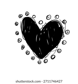 A black heart shape is surrounded by small circular patterns drawn in a simple style. The design captures creativity and artistic expression in a minimal manner.
