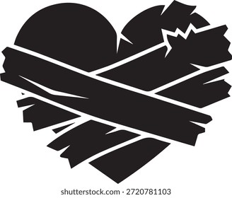 Forma de corazón negro con bordes rotos y vendajes envueltos alrededor de él corazón roto rasgado