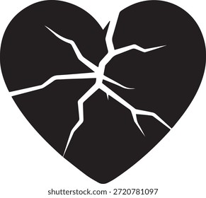 Forma de corazón negro con grietas blancas y líneas dentadas contra un fondo blanco fractura partida