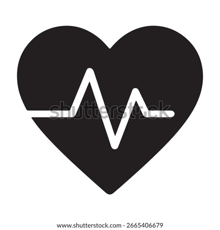 Black heart shape with white electrocardiogram line inside heartbeat.