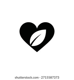 A black heart shape with a white leaf inside simple graphic design