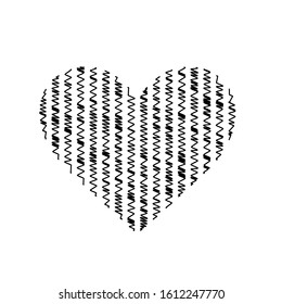 Black heart shape with zig zag scribbled lines on w white background, abstract vector symbol