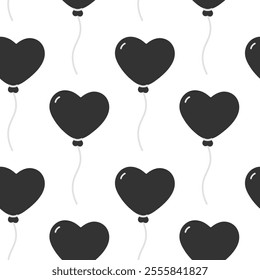 Black Heart shaped balloon on rope Seamless pattern in grayscale. Black Day Background Texture idea