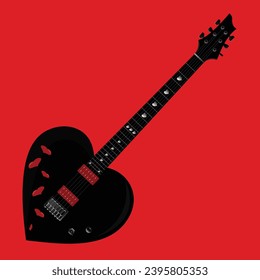 Black heart shaped guitar.Red background.Love guitar with hearts