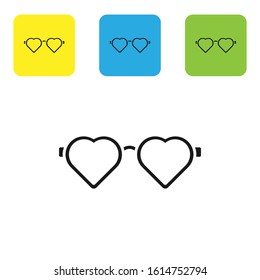 Black Heart shaped love glasses icon isolated on white background. Suitable for Valentine day card design. Set icons colorful square buttons. Vector Illustration