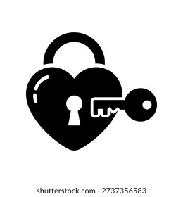 A black heart shaped padlock with a key symbolizing love and security silhouette