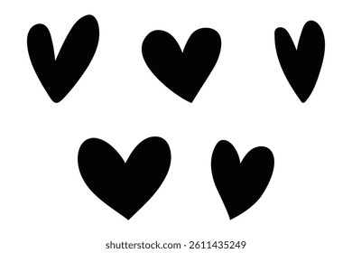 Black Heart Shapes Collection in a Row Various Solid and Patterned Designs Minimalist Valentine's Vector Set