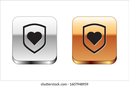 Black Heart with shield icon isolated on white background. Love symbol. Security, safety, protection, protect concept. Valentines day. Silver-gold square button. Vector Illustration