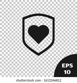 Black Heart with shield icon isolated on transparent background. Love symbol. Security, safety, protection, protect concept. Valentines day.  Vector Illustration
