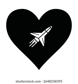 A black heart silhouette on a white background contains a smaller white shuttle icon. The style is simple and graphic.