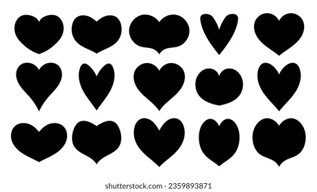 Black heart silhouette set. Various heart shapes collection. Love sign variety. Vector illustration.