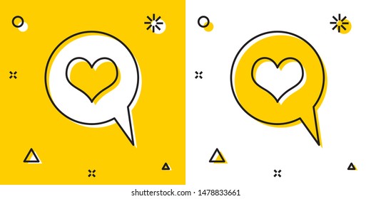 Black Heart in speech bubble icon isolated on yellow and white background. Heart shape in message bubble. Love sign. Valentines day symbol. Random dynamic shapes. Vector Illustration