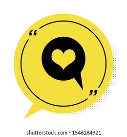 Black Heart in speech bubble icon isolated on white background. Heart shape in message bubble. Love sign. Valentines day symbol. Yellow speech bubble symbol. Vector Illustration