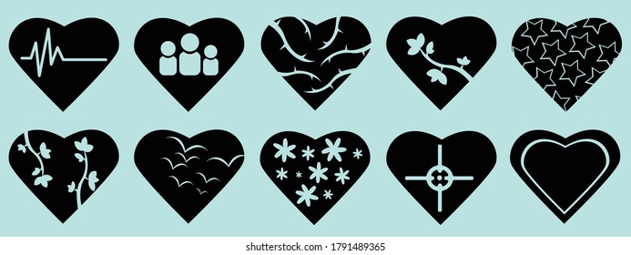 Black heart symbols. Vector illustration for design Romantic heart shape symbol. Set of graphic signs life and love
