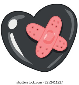 A black heart taped over with a Band-Aid, Creepy Valentine clipart, Spooky Valentine, Pastel Goth digital stickers, Alternative Valentine day vector EPS10