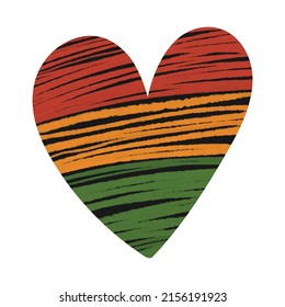 Black heart with textured stripes in traditional African colors - red, yellow, green. Design element for Juneteenth, Kwanzaa, Black History month. Vector illustration isolated on white background.