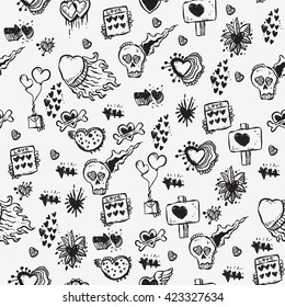 black heart them in any type form doodle art sketch drawing seamless pattern