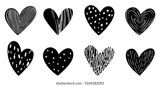 Black heart variation set. Cute hearts of hand drawing. Vector illustration.