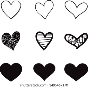 Black heart vector set. Hand drawn love icons isolated on white background. Collection of hand drawn hearts for love symbol, icon shape and Valentine's day. Creative art concept. Vector illustration