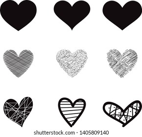 Black heart vector set. Hand drawn love icons isolated on white background. Collection of hand drawn hearts for love symbol, icon shape and Valentine's day. Creative art concept. Vector illustration