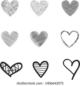 Black heart vector set. Hand drawn love icons isolated on white background. Collection of hand drawn hearts for love symbol, icon shape and Valentine's day. Creative art concept. Vector illustration