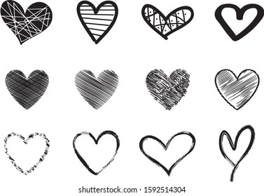 Black heart vector set.Hand drawn love icons isolated on white.Collection of hand drawn hearts for love logo, romance icon,passion symbol and Valentine's day.Creative art concept, painted brush vector