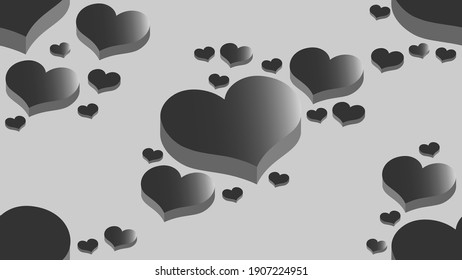 black heart volume, isometric background, black hearts on gray background, seamless pattern, simple shapes of love