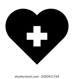 Corazón negro con icono de cruz blanca. Ilustración del vector aislada en fondo blanco
