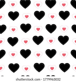 Black Heart With White Dotted Lines. Seamless Pattern Valentines Day Background The Flat Design For Print, Wallpaper, Textiles. Vector Illustration