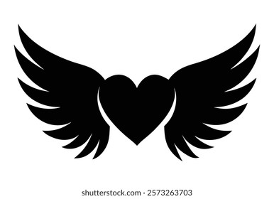 Black heart with wings on white background. Silhouette heart icon with two wings. Love heart with wings vector icon design