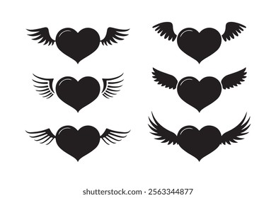 Black heart with wings silhouette. Heart icon collection, isolated flying valentines day decoration. Romantic vector symbol.