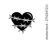 A black heart wrapped in two strands of barbed wire, symbolizing pain and love, ideal for tattoo art or graphic design.