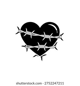 A black heart wrapped in two strands of barbed wire, symbolizing pain and love, ideal for tattoo art or graphic design.