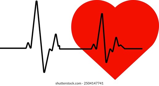 Black heartbeat line and big stylized red heart vector illustration