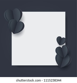 Black hearts with blue lighting. Paper flying elements on dark blue background postcard. Vector symbols of love in shape of heart for Happy Women, mom, love's Day, birthday greeting card design