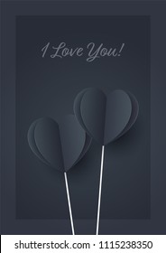 Black hearts with blue lighting. Paper flying elements on dark blue background postcard. Vector symbols of love in shape of heart for Happy Women, mom, love's Day, birthday greeting card design