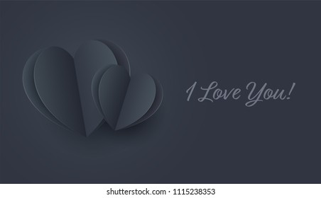 Black hearts with blue lighting. Paper flying elements on dark blue background postcard. Vector symbols of love in shape of heart for Happy Women, mom, love's Day, birthday greeting card design