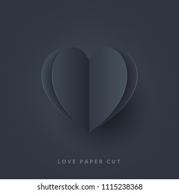 Black hearts with blue lighting. Paper flying elements on dark blue background postcard. Vector symbols of love in shape of heart for Happy Women, mom, love's Day, birthday greeting card design