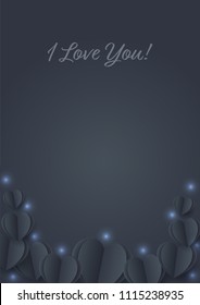 Black hearts with blue lighting. Paper flying elements on dark blue background postcard. Vector symbols of love in shape of heart for Happy Women, mom, love's Day, birthday greeting card design